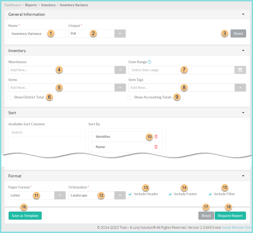 Screenshot of the Inventory Variance Report configuration as described on this page.