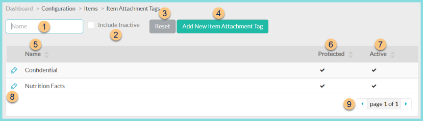 Sccreenshot of the Item Attachment Tags screen as described on this page.