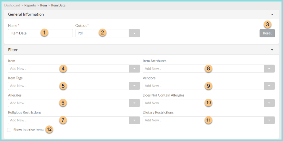 Screenshot of the Item Data Report General Information as described on this page