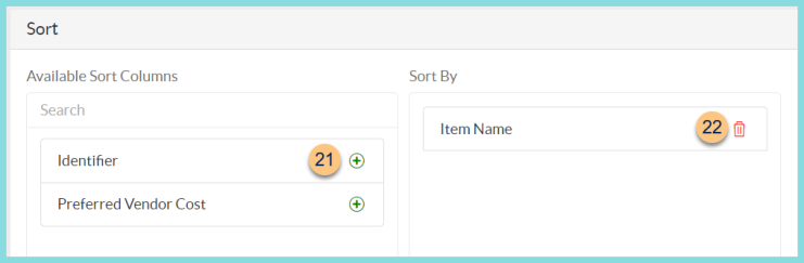 Screenshot of the available columns to sort by on the Item Data Report as described on this page.