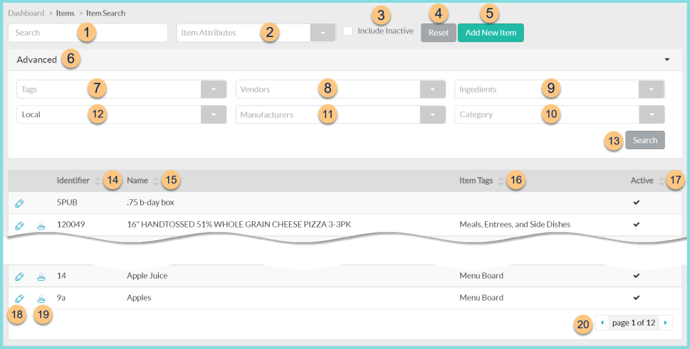 A screenshot of the item search screen as described on this page.