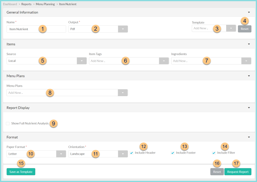 A screenshot of the item nutrient screen as described on this page.