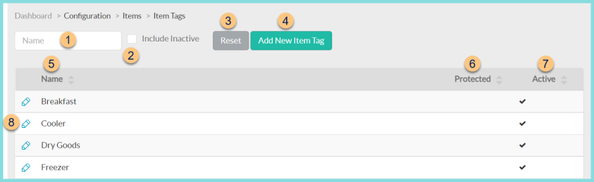 Screenshot of the Item Tags screen as described on this page.