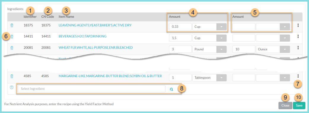A screenshot of the ingredients tab on recipes as described on this page.