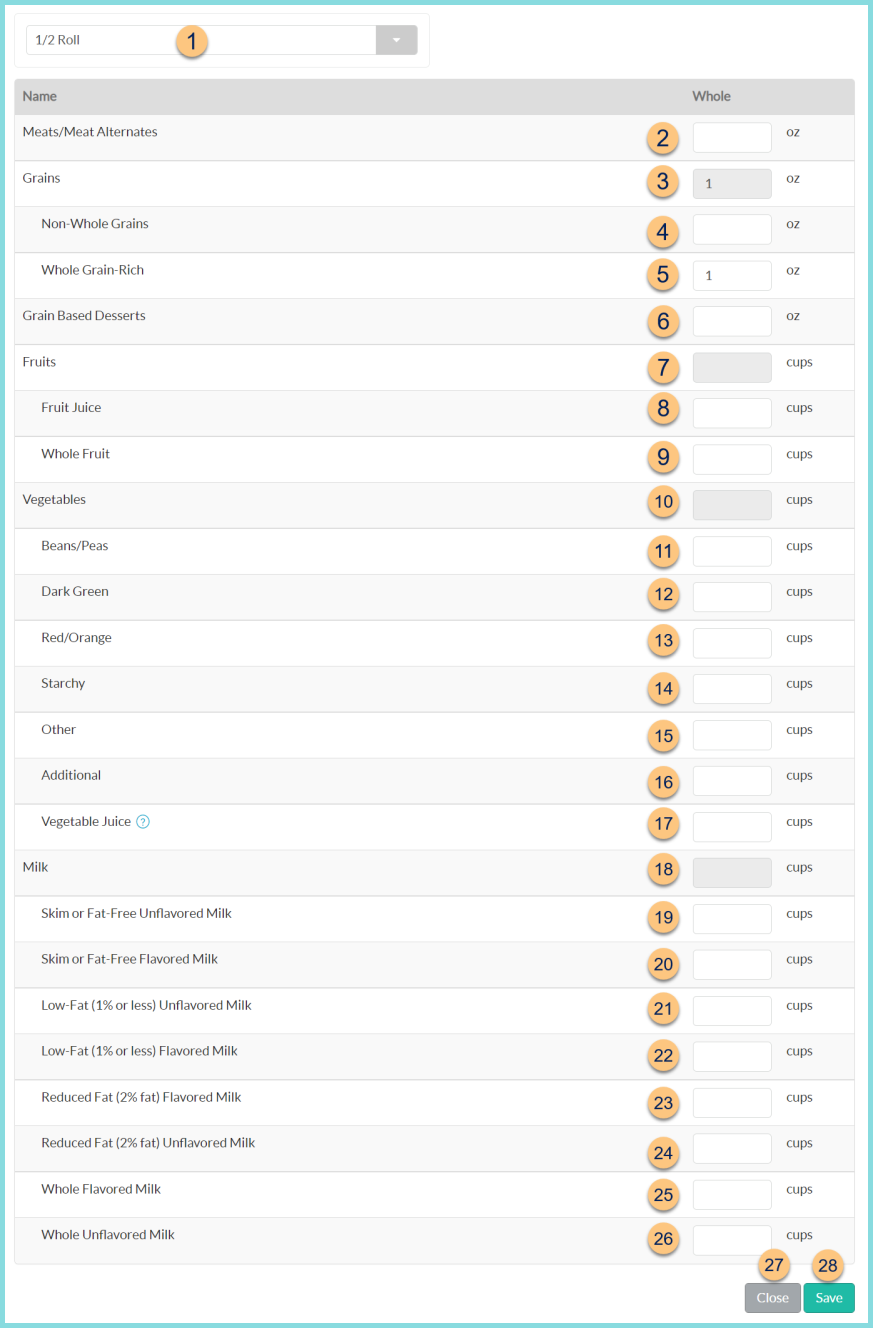 Screenshot of the Item's Meal Component tab as described on this page.