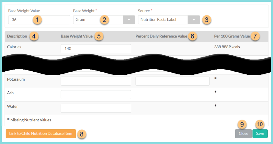 Screenshot of editing nutrition information of an item