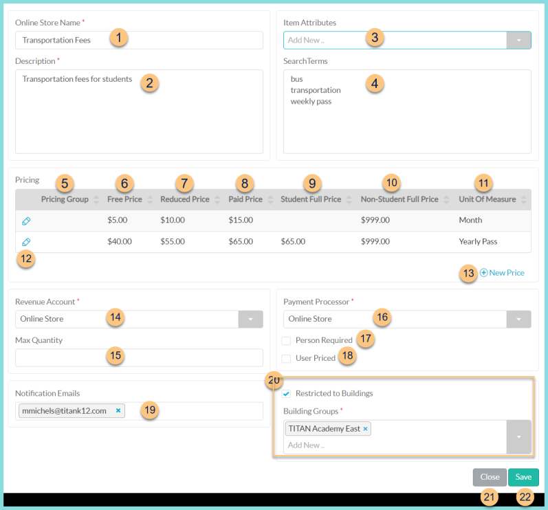 A screenshot of item online store configuration as described on this page.