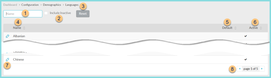 Screenshot of the Languages screen as described on this page.