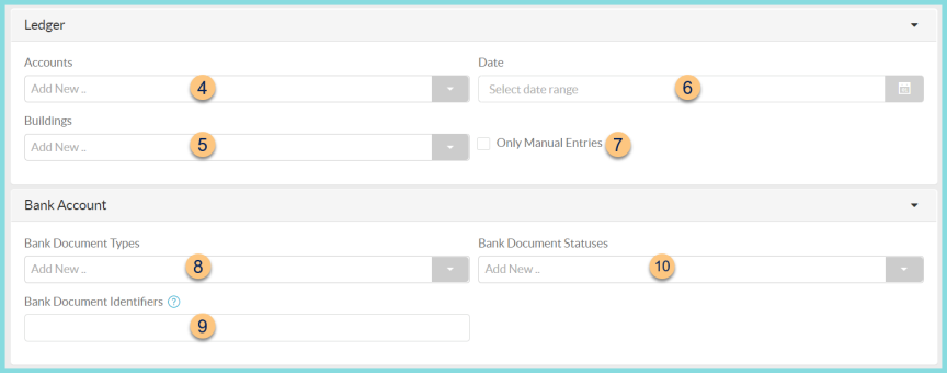 Screenshot of the Ledger and Bank Accounts sections as described on this page.