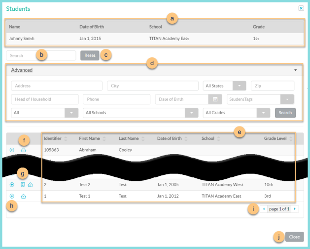 A screenshot of the student search feature for adding household members to an application as described on this page.