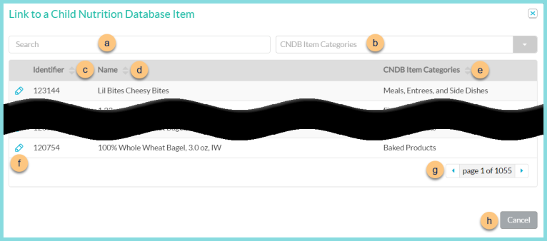 Screenshot showing a search for a linked Child Nutrition Database item