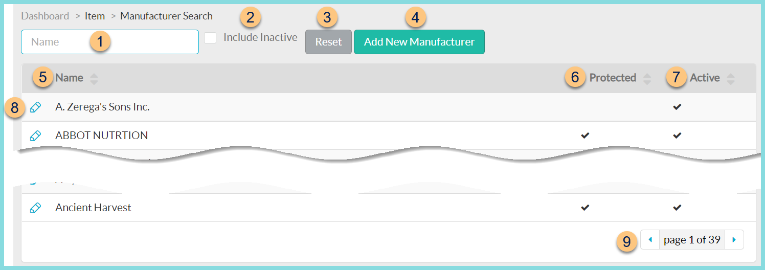 A screenshot of the manufacturer search screen as described on this page.