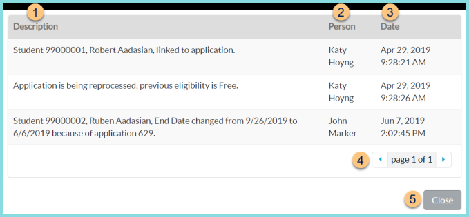 Screenshot of the Meal Application Change History Tab as described on this page.