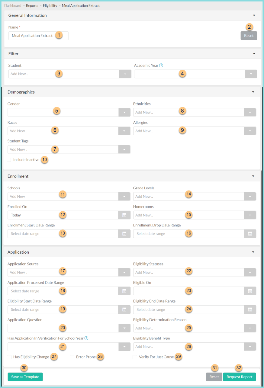 A screenshot of the meal application extract report configuration as described on this page.