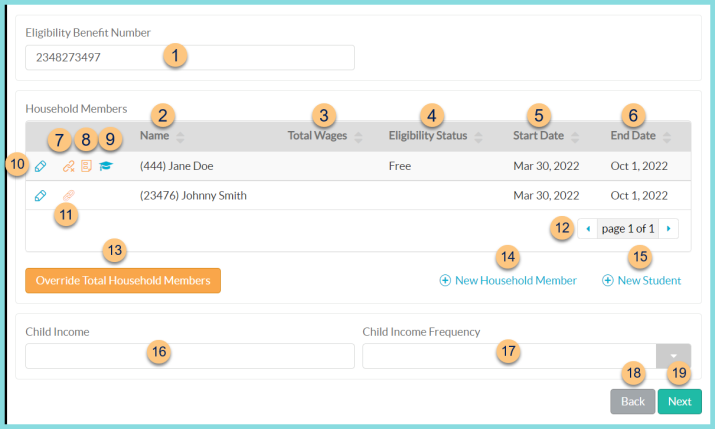 A screenshot of the meal application household members screen as described on this page.