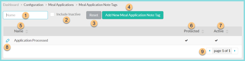 Screenshot of the Meal Application Note Tags screen as described on this page.