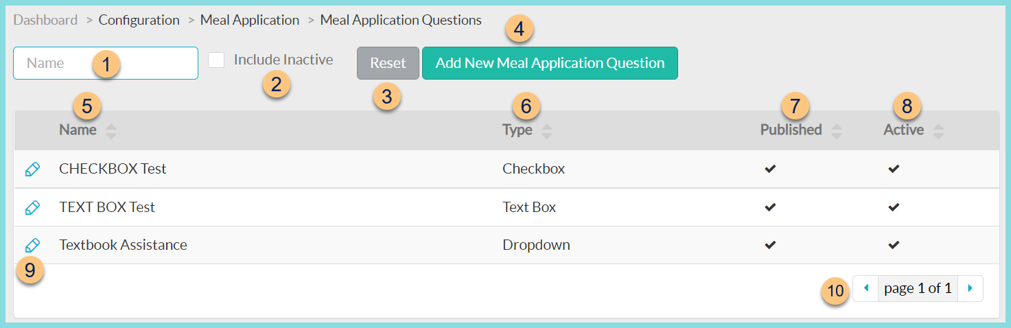 A screenshot of the meal application question configuration screen as described on this page.
