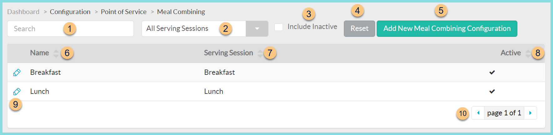 A screenshot of the meal combining configuration screen as described on this page.