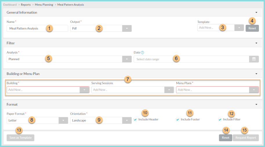 A screenshot of the meal pattern analysis report configuration screen as described on this page.