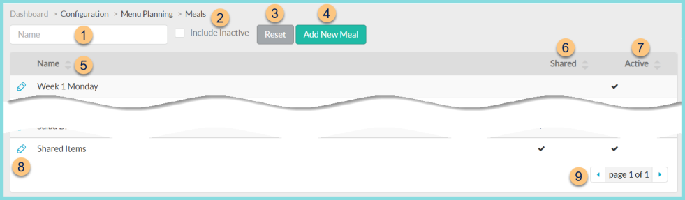 Screenshot of the Meals screen as described on this page.