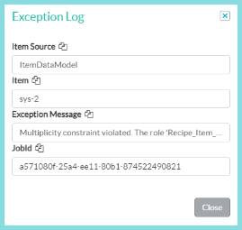 A screenshot of the exception log modal as described on this page.