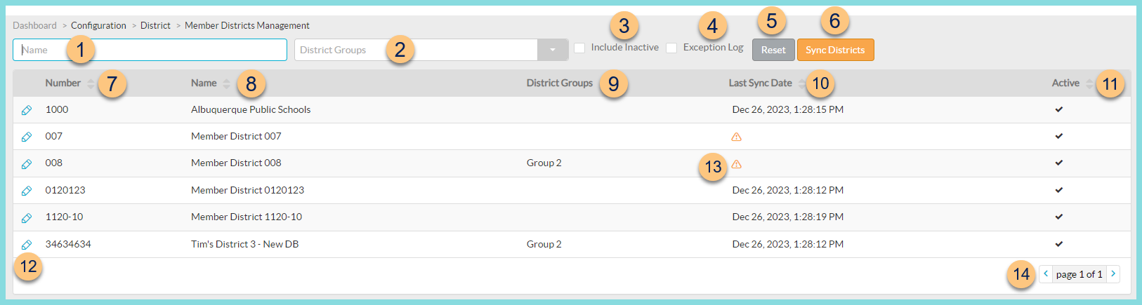 A screenshot of the member district management screen as described on this page.