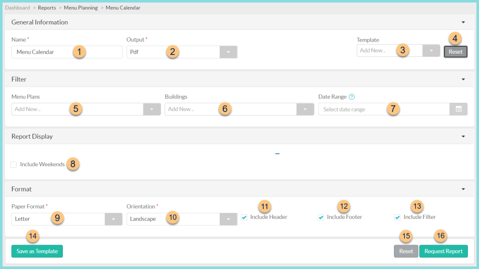 Screenshot of the Menu Calendar screen as described on this page.