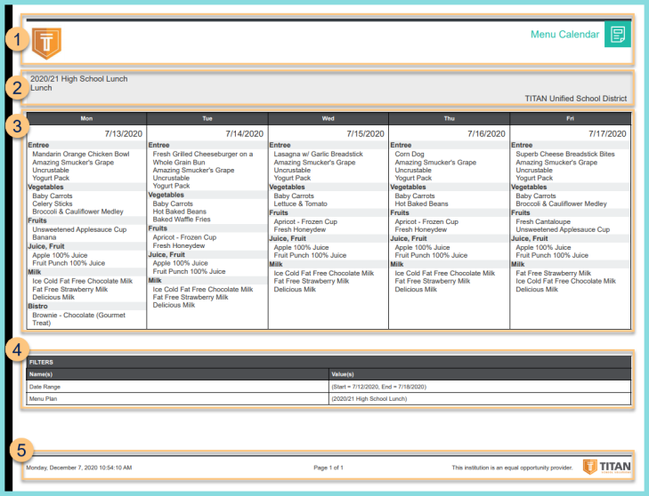 Screenshot of the Menu Calendar Report Format as described on this page.