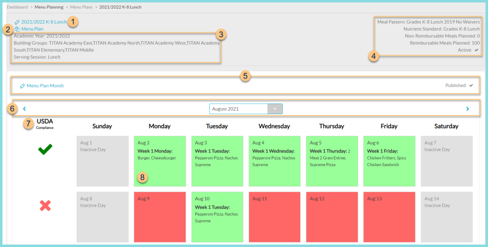 Screenshot of the Menu Plan calendar screen as described on this page.