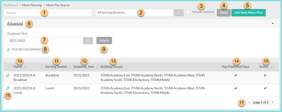 A screenshot of the menu plans search screen as described on this page.