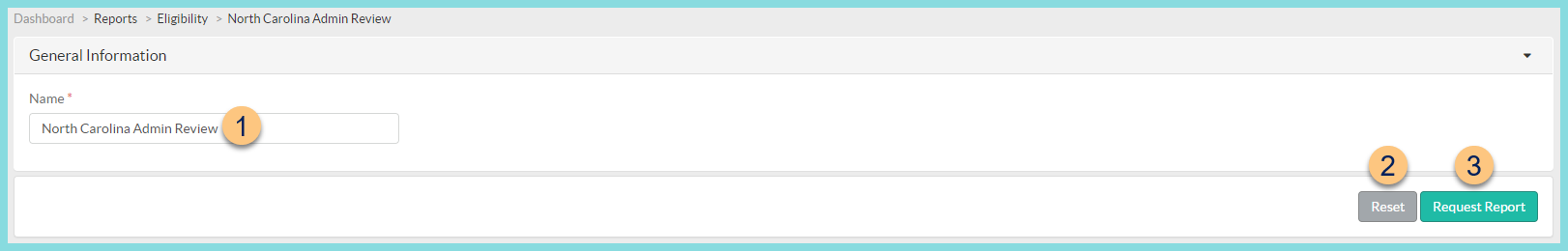 A screenshot of executing the North Carolina Admin Review report as described on this page.