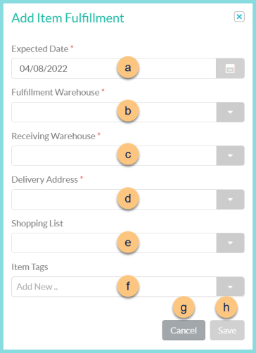 Screenshot of fields for adding an item fulfillment