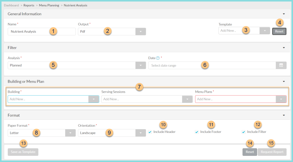 Screenshot of the Nutrient Analysis screen as described on this page.