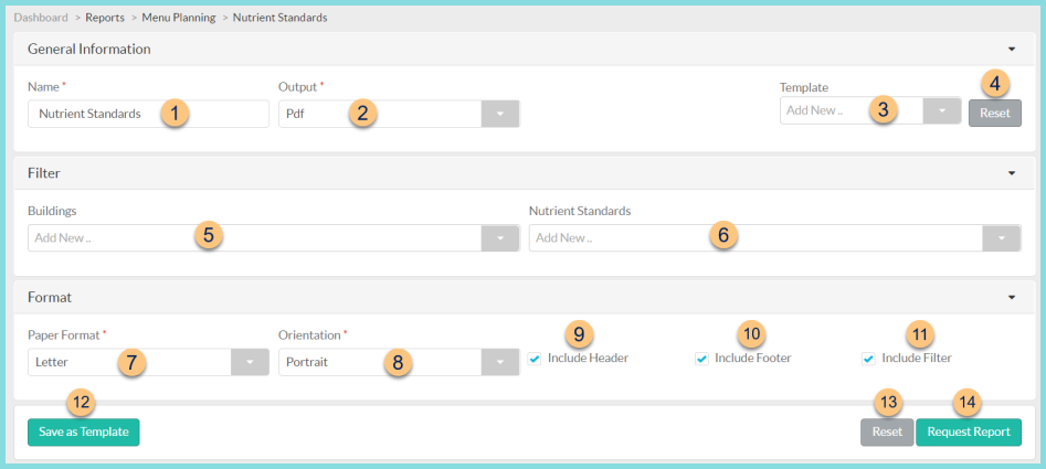 A screenshot of the Nutrient Standards report configuration as described on this page.
