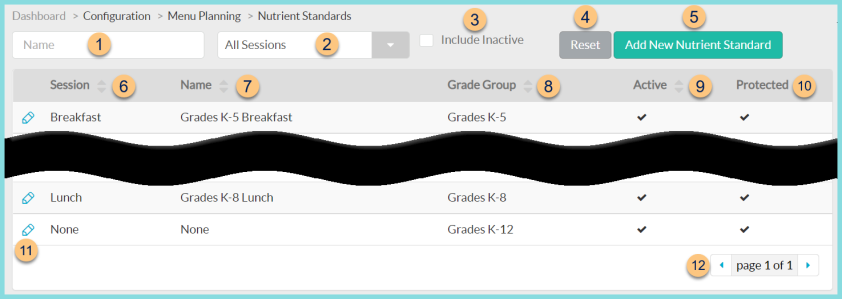 Screenshot of the Nutrient Standards screen as described on this page.