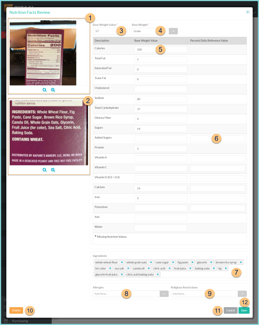 Screenshot of the Edit Nutrition Facts Review as described on this page.