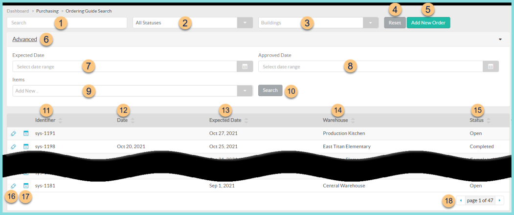 A screenshot of the ordering guide search screen as described on this page.