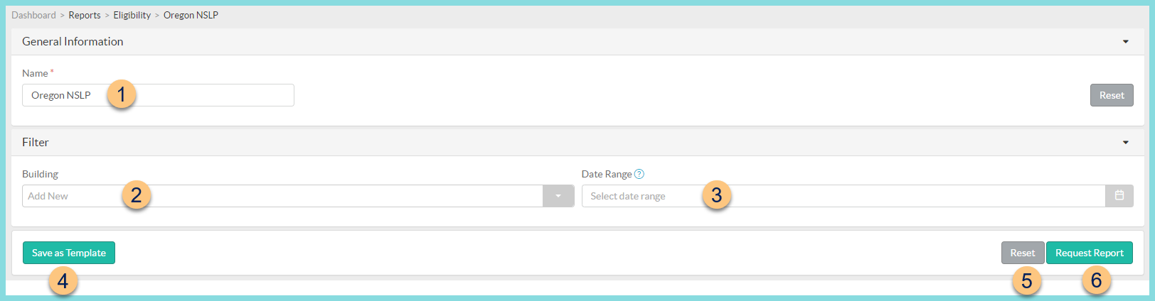 A screenshot of the Oregon NSLP report configuration as described on this page.