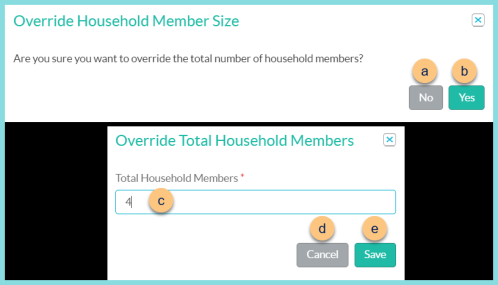 A screenshot of the override household member size modal as described on this page.