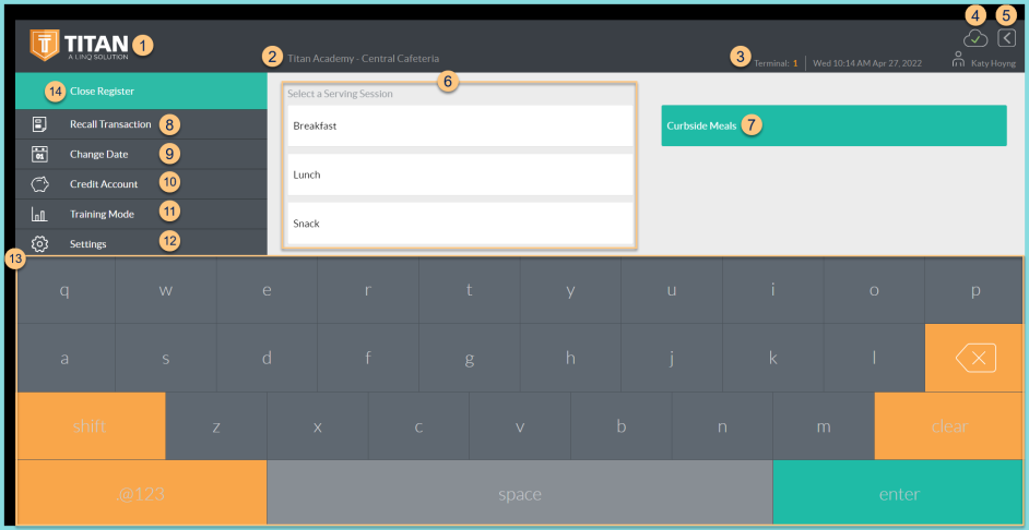 A screenshot of the point of sale home screen as described on this page.
