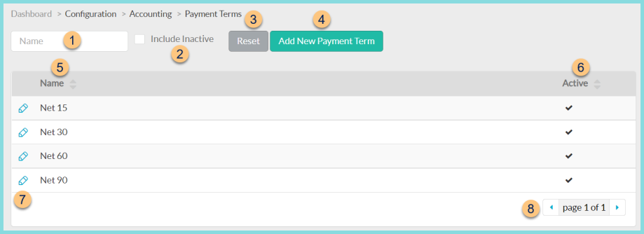 A screenshot of the payment terms screen as described on this page.