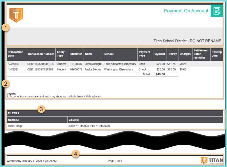 Screenshot of the Payment on Account Report Format as described on this page.
