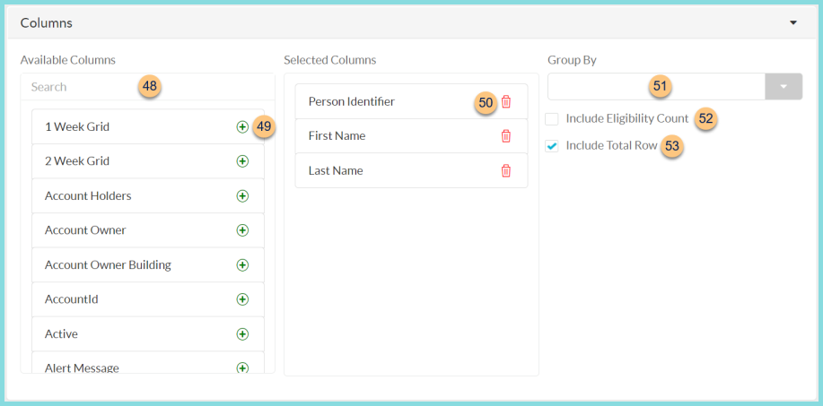 Screenshot of the available columns for the Person Data Report as described on this page.