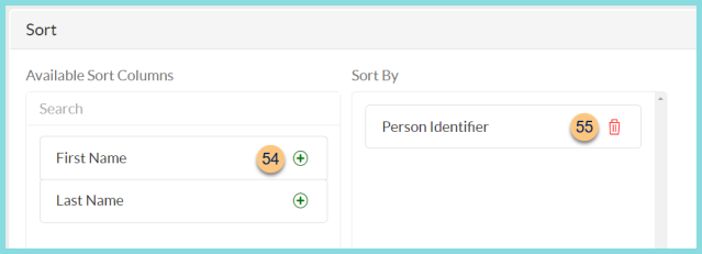 Screenshot of the available sort columns for the Person Data Report as described on this page.