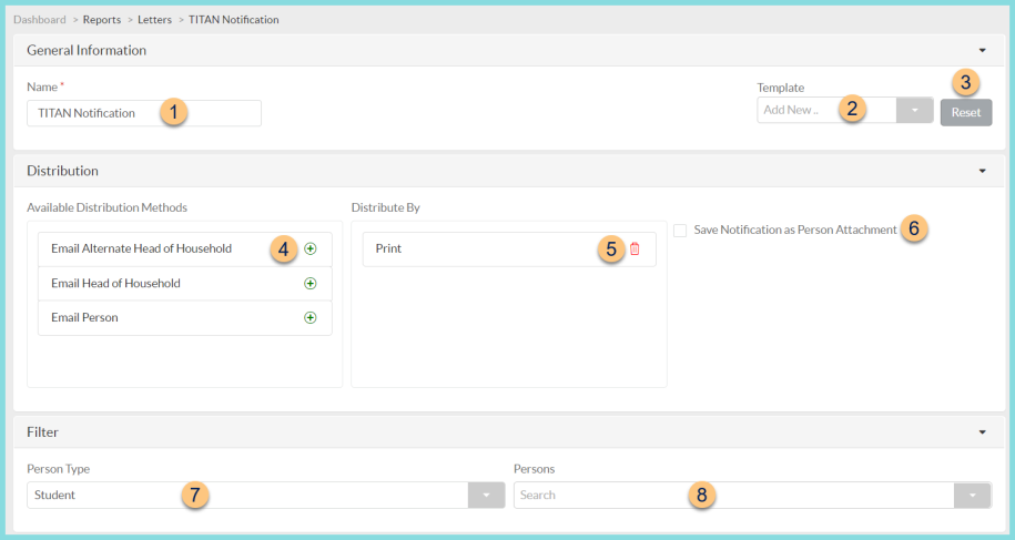 Screenshot of the Person Notifications General Information, Distribution, and Filter sections as described on this page.