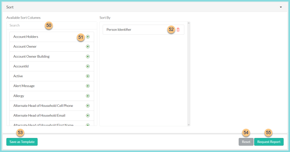 Screenshot of the Available Sort Columns on the Person Notification Report as described on this page.