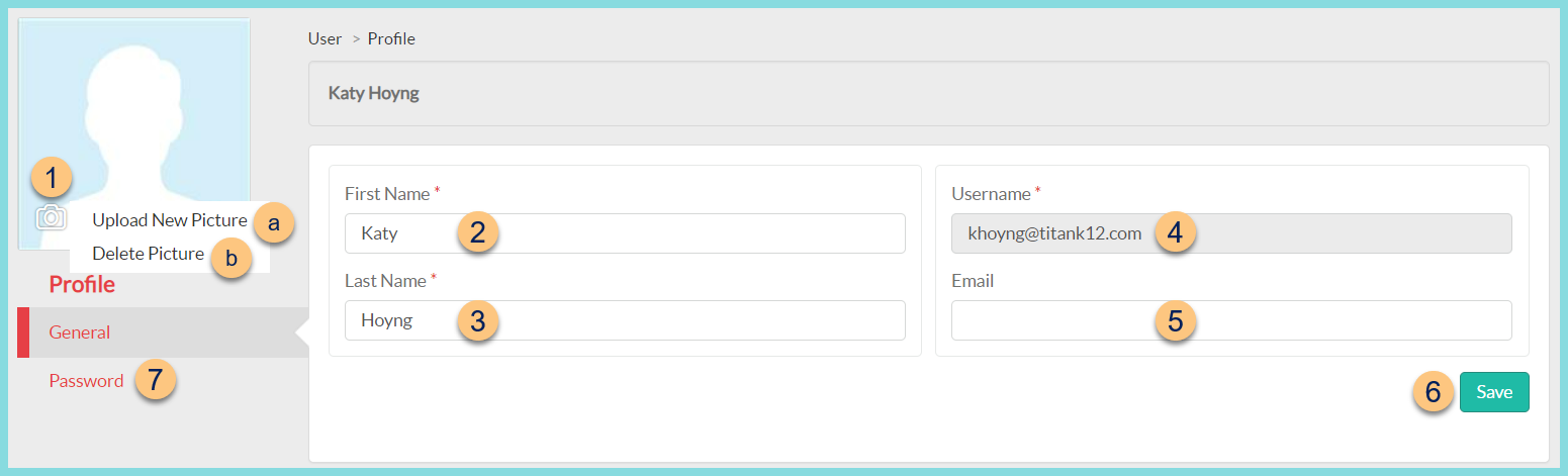 A screenshot of the user profile general tab as described on this page.