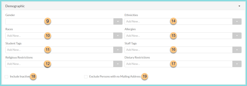Screenshot of the Demographic section of the Person Notification configuration as described on this page.