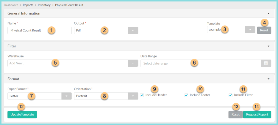A screenshot of the physical count result report configuration as described on this page.