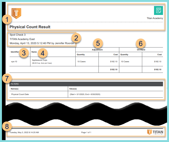 A screenshot of an example physical count result report as described on this page.
